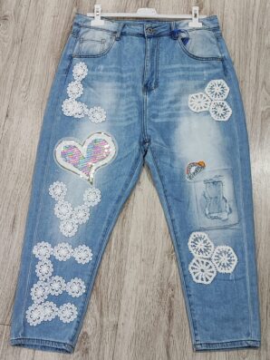 spodnie jeansowe LOVE, KORONKA, KWIATY 40/42/44